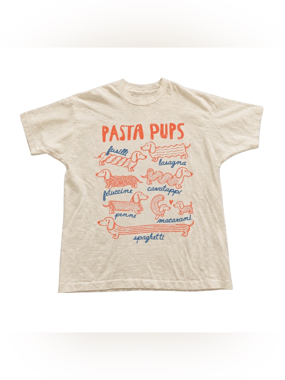 Off White Tee with Orange & Blue Pasta Pups Graphic